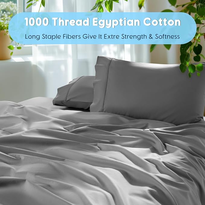 SONORO KATE 100% Egyptian Cotton Sheets Set - 1000 High Thread Count, Luxury 5-Star Hotel Sateen Bed Sheets, Soft, Breathable Long Staple Sheets, Fit up to 16" - 4 PC (Grey,California King)