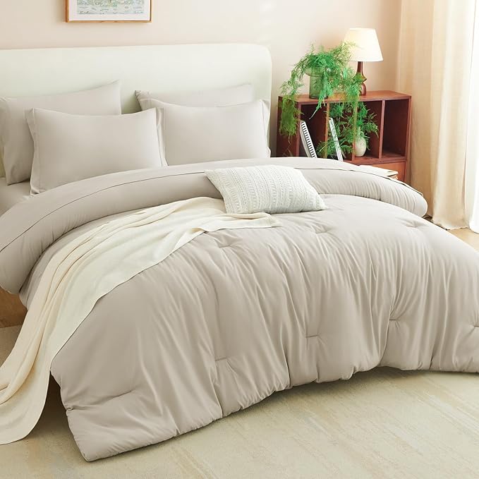 CozyLux Full Size Comforter Sets Beige, 7 Pieces Bed in a Bag Full Comforter Set with Sheets, Luxury Soft Bedding Set with Down Alternative Comforter, Fitted Sheet, Flat Sheet, Pillowcases & Shams