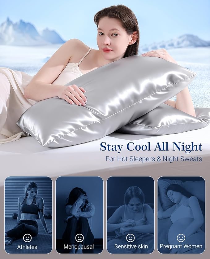 Elegear Cooling Pillow Cases Set of 2 for Hot Sleepers, Softer Than Silk Pillow Cases for Hair & Skin, Upgraded Arc-Chill Cooling Satin Pillowcases Q-max>0.5, Luxury Zipper Pillowcase Cover-King,Gray