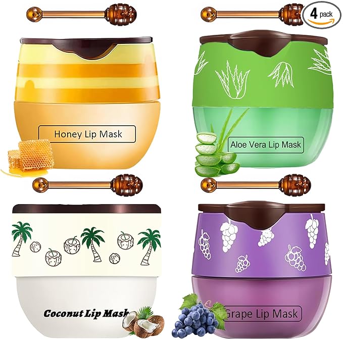 4 PCS Bee Lip Balm Honey Pot, Honey Coconut Aloe Vera Grape Sleeping Lip Mask Overnight with Sticks, Exfoliating Prevention Dry and Crack Lip Scrubs