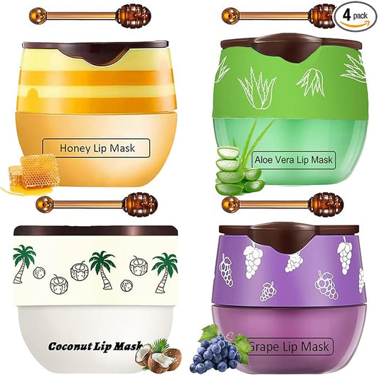 4 PCS Bee Lip Balm Honey Pot, Honey Coconut Aloe Vera Grape Sleeping Lip Mask Overnight with Sticks, Exfoliating Prevention Dry and Crack Lip Scrubs