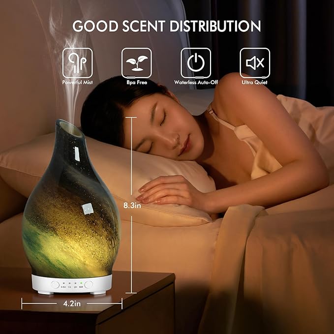 Essential Oil Diffuser 150ML Glass Aromatherapy Diffuser with 4 Timer Settings & 7 Color Changing Lights, Auto Shut-Off, Ultra Quiet Oil Diffuser for Home, Office, Yoga, Spa