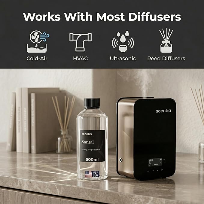 Scentia Santal Diffuser Oil 500ml – Luxury Santal-Inspired Oil – Cedarwood, Amber, Musk, Vanilla – Essential Oil Blend for Large Rooms, Cold-Air Diffusers, HVAC & Ultrasonic, Thanksgiving Gift