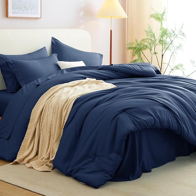 CozyLux Oversized King Comforter Set Navy Blue, 7 Pieces Bed in a Bag Comforter Set with Sheets, Soft Bedding Sets with Down Alternative Comforter, Fitted Sheet, Flat Sheet, Pillowcases and Shams