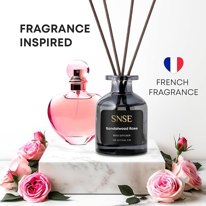 SNSE Sandalwood Rose Reed Diffuser Set | 3.38 oz Scent Fragrance Oil Diffuser for Bedroom, Bathroom, Home Décor and Gift, Decorative Air Fresheners with Sticks