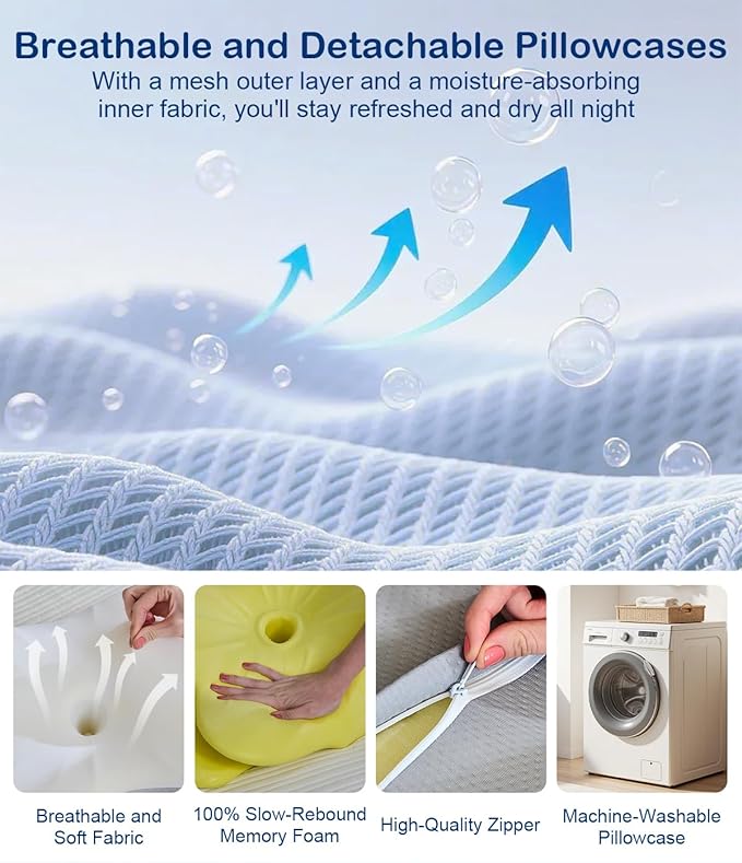 Cervical Neck Pillow, Ergonomic Memory Foam Pillows for Neck Pain Relief with Breathable Pillowcase, Neck Support Pillow with Adjustable Settings for Side Back Stomach Sleepers, Odorless White