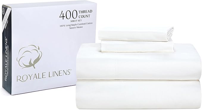 Royale Linen 400 Thread Count 100% American Grown Cotton 4 Piece Sateen Queen Sheet Set - 1 Fitted Sheet, 1 Flat Sheet, 2 Pillow case - White Queen Bedsheet - Cotton Sheets - (Queen, Signature White)