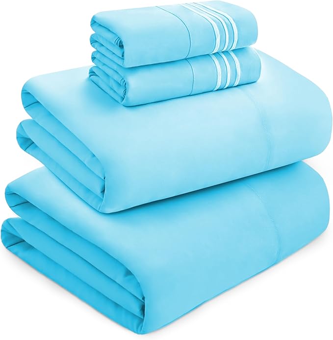 Mocassi Luxury Twin 4-Piece Sheet Set - 1800 Premium Hotel Quality - Easy-Fit, Wrinkle, Fade Resistant Bed Sheets and Pillowcases - All Around Elastic Fitted Sheet, Deep Pocket, Aqua