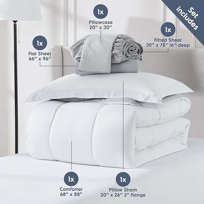Nestl 7 Piece Twin Comforter Set – White Reversible Bed in a Bag – Complete Twin Size Bedding Set with Sheets, Set of 2 Down Alternative Pillows, Pillowcase and Sham