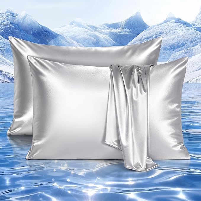 Elegear Cooling Pillow Cases Set of 2 for Hot Sleepers, Softer Than Silk Pillow Cases for Hair & Skin,Upgraded Arc-Chill Cooling Satin Pillowcases Q-max>0.5, Luxury Zipper Pillowcase Cover -Queen,Gray