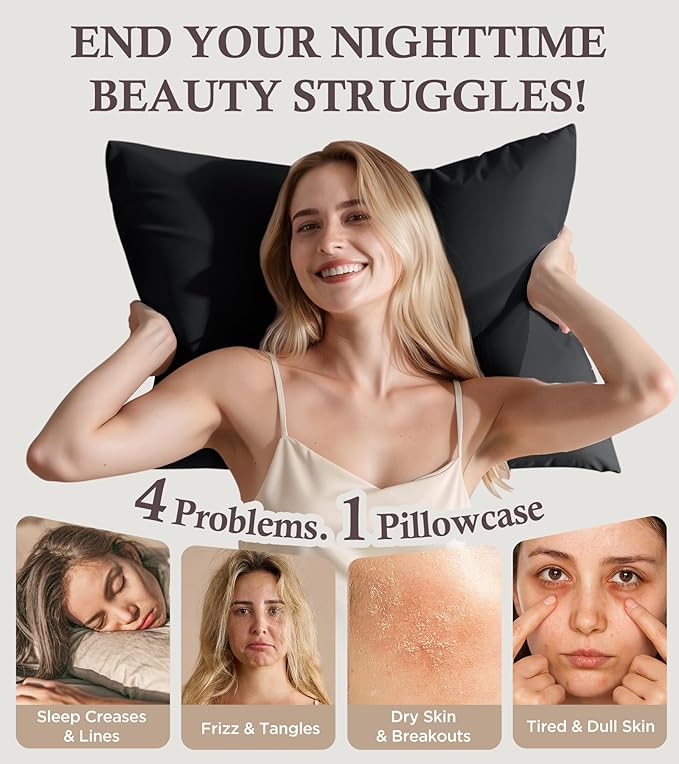 Instant Chill Cooling Pillowcase for Hot Sleepers, 2% HA Infused Pillowcase Hydrates Skin & Hair, Reduces Wrinkles & Frizz, Softer Than Silk Pillow Cases, Pillow Covers Standard (Black, 1 Pack)