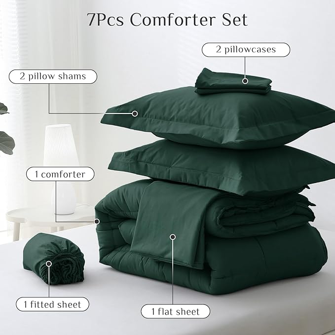 JOLLYVOGUE King Comforter Set, Ultra-Soft Bed in a Bag King Size 7 Pieces, Oeko-TEX Certified Bedding Set with Down Alternative Comforter, Sheets, Pillowcases & Shams, Emerald Green