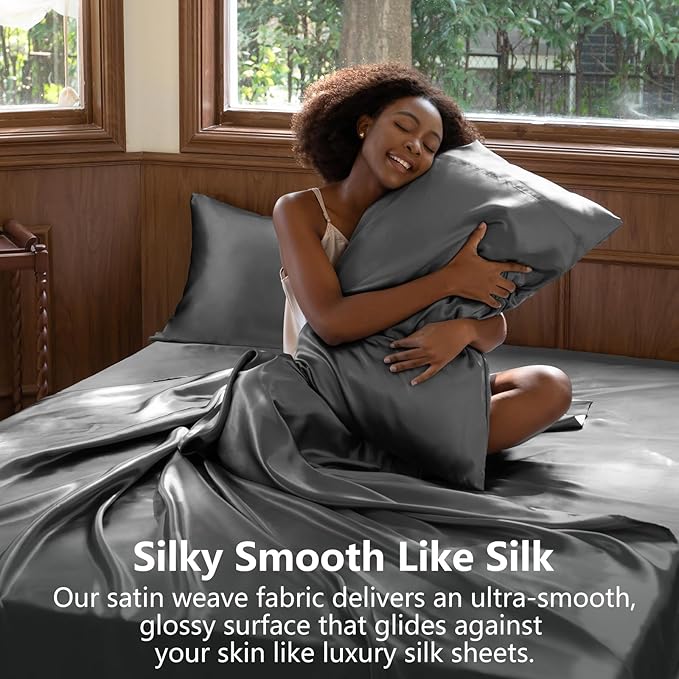 CozyLux Satin Sheets Queen Size Bed Set - 4 Piece Silky Queen Sheet Set, Luxury Dark Grey Queen Sheets with Smooth and Soft Microfiber, Includes 1 Fitted Sheet, 1 Flat Sheet and 2 Pillowcases