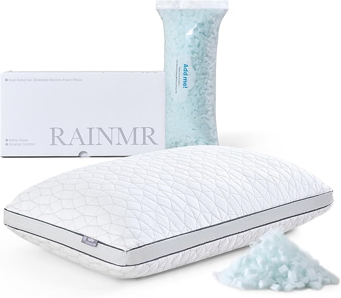Rainmr Shredded Memory Foam Cooling Pillow for Sleeping, 20" x 36" King Size Pillow with Dual-Side Pillowcase - Cool & Bamboo-Derived Rayon Sides, Supportive Firm Bed Pillow (King)