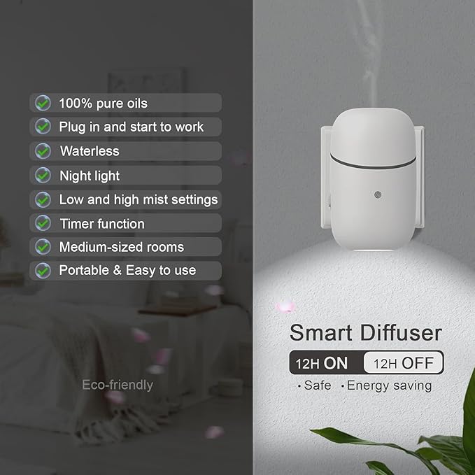 Plug in Waterless Diffuser, Essential Oil Diffuser for Home, Office, Up to 500 Sq. FT Coverage, Small Plug in Wall Waterless Diffuser for Scent Air