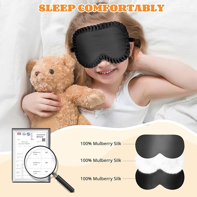 Kids Sleep Mask Eye Cover, 100% Real Mulberry Silk Sleep Mask with Adjustable Strap, Kids Blindfold for Sleeping, Boys Girls Eye Shade for Ages 5+, Soft and No Pressure (Black)