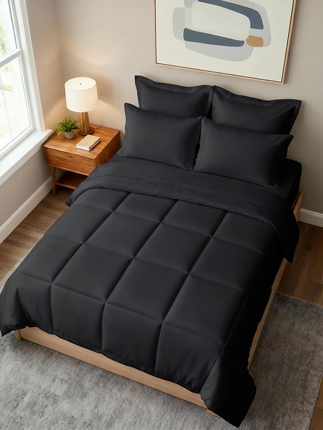 Full Comforter Set - 7 Piece Bed in a Bag Full Size Bed Set - Down Alternative Comforter, Flat Sheet, Fitted Sheet, Pillowcase & Shams for All Seasons - Ultra Soft, Cozy, Comfy and Breathable - Black