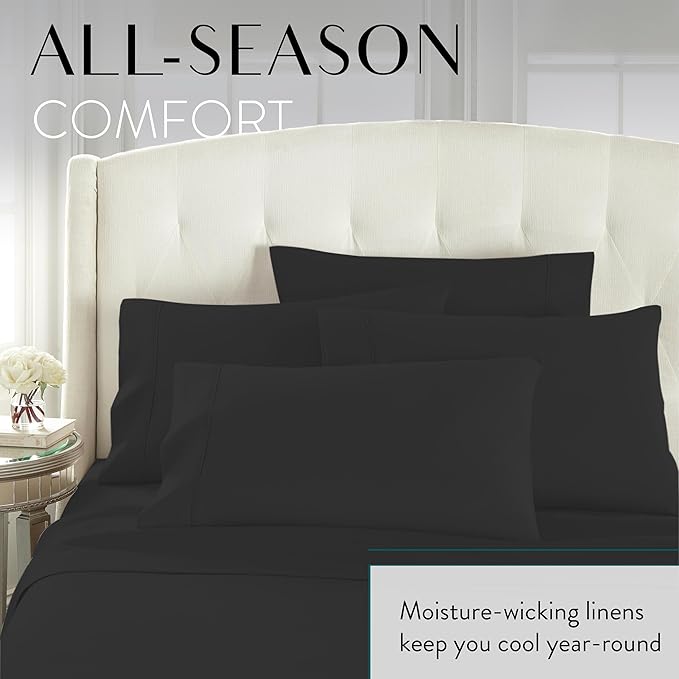 Danjor Linens Bed Sheet Set Full Size for Teens, Hotel Premium Sheets with 4 Pillowcases, Lightweight Brushed Microfiber Deep Pockets, Breathable Cooling 6 Piece Bedding Sets, Black