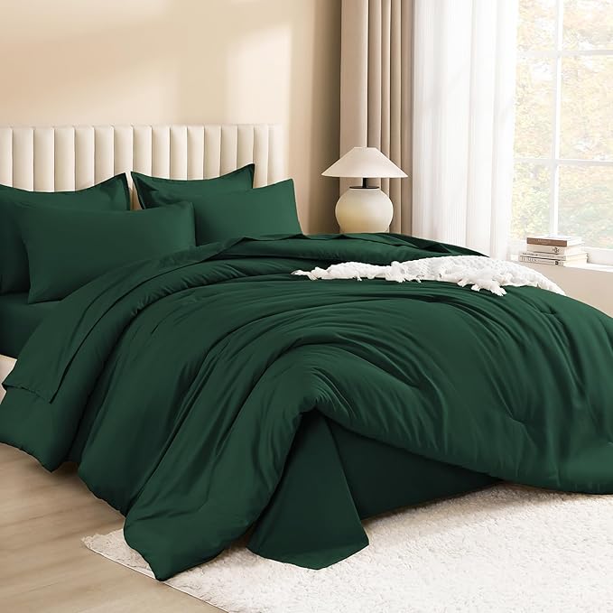 Litanika Super King Comforter Sets Emerald Green - 7 Pieces Bed in a Bag Oversized King Bedding Comforter Sets, Solid Lightweight Bed Set with Comforter, Sheets, Pillowcases & Shams