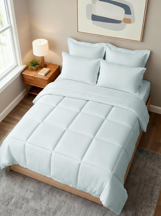 Full Comforter Set - 7 Piece Bed in a Bag Full Size Bed Set - Down Alternative Comforter, Flat Sheet, Fitted Sheet, Pillowcase & Shams for All Seasons - Ultra Soft, Cozy, Comfy & Breathable - Ice Blue