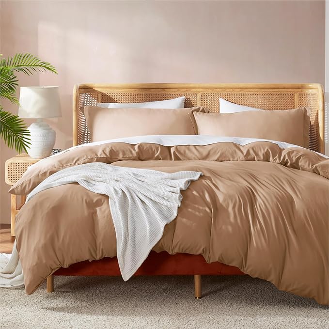 Nestl Full Duvet Cover Set with Comforter Insert - Mocha Brown 4 Piece 80x90 Duvet Cover & 2 Pillow Shams with White Quilted Down Alternative Comforter, Ultra Soft, All Season