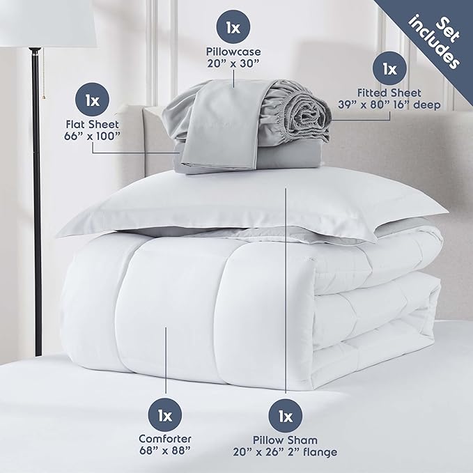 Nestl 7 Piece Twin XL Comforter Set – White Reversible Bed in a Bag – Complete Twin XL Size Bedding Set with Sheets, Set of 2 Down Alternative Pillows, Pillowcase and Sham