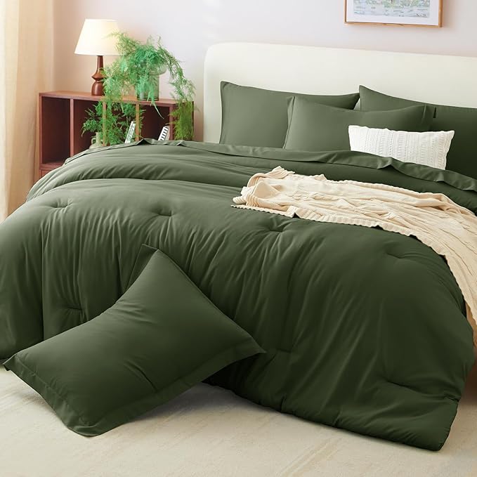 CozyLux Oversized Queen Comforter Set Olive Green, 7 Pieces Bed in a Bag Comforter Set with Sheets, Luxury Soft Bed Sets with Down Alternative Comforter, Fitted Sheet, Flat Sheet, Pillowcases & Shams