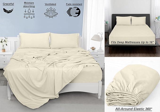 ROYALE LINENS 300 Thread Count 100% Long Staple Combed Cotton Sheet Set - 4 Piece King Bed Sheets - 1 Fitted, 1 Flat & 2 Pillow Cases - Soft Cool & Crisp Sheet Set (King, Ivory)