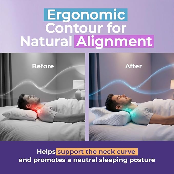 Cervical Neck Pillow for Side, Back & Stomach Sleepers, Cooling Gel Memory Foam Contour Pillow, Ergonomic 4-Zone Neck Support, Breathable Removable Cover