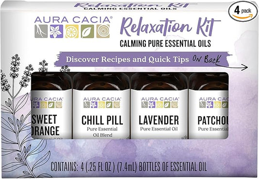 Aura Cacia Essential Oil Relaxation Kit, 4-Pack, Lavender, Patchouli, Sweet Orange, Chill Pill