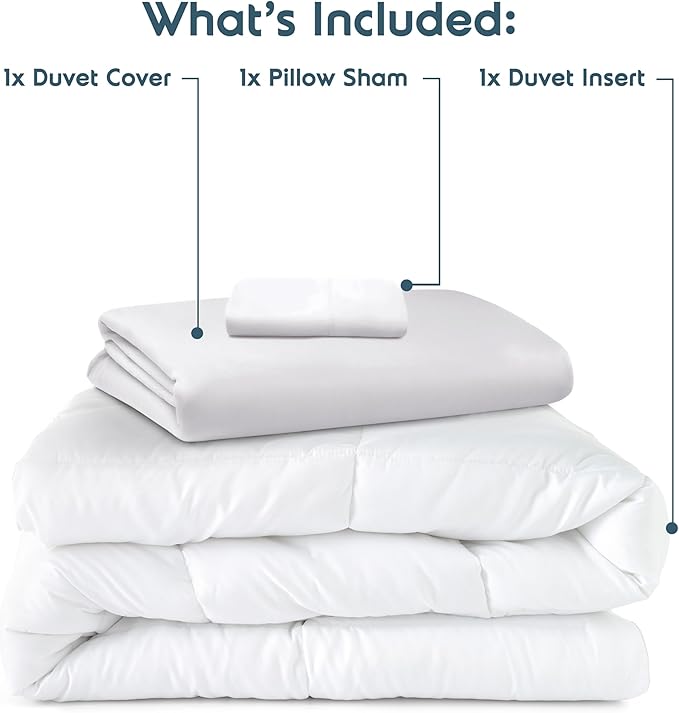 Nestl Twin Duvet Cover Set with Comforter Insert - White 3 Piece 68x90 Duvet Cover & 1 Pillow Sham with White Quilted Down Alternative Comforter, Ultra Soft, All Season