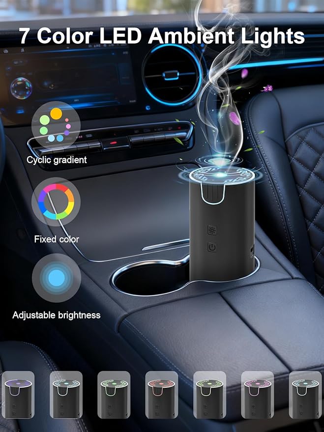 Marchred 100ML Car Diffuser, USB Rechargeable Battery Operated, Cordless Portable Essential Oil Diffuser with 7 LED Color Lights, 2 Timer Modes