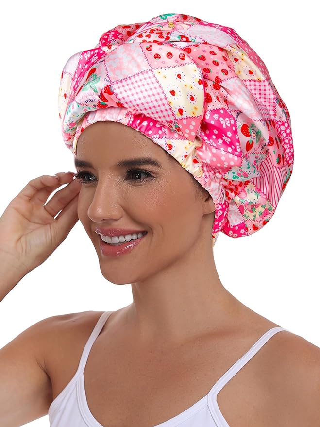 Double Layer Satin Bonnet with Eye Mask Adjustable Silk Sleep Cap Turban Style Hair Wrap for Curly Hair Pink Strawberry