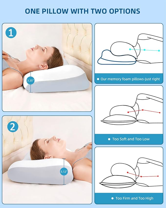 VADSBO Sleep Pillow Ergonomic Contour Design Cooling Memory Foam Pillows for Neck Support, Side & Back Sleepers White Gray