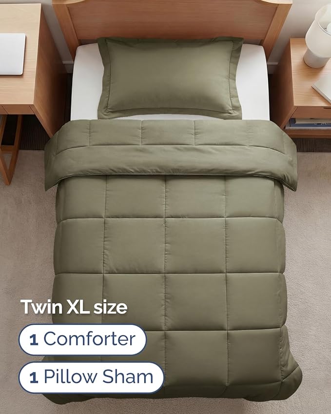 Twin XL Comforter Set - 2 Piece Bed Set for All Seasons - 1 Soft Quilted Comforter w/ Corner Tabs & 1 Pillow Sham - Comfy & Breathable - Premium Down Duvet Insert - Oeko-TEX - Twin XL Size, Sage Green