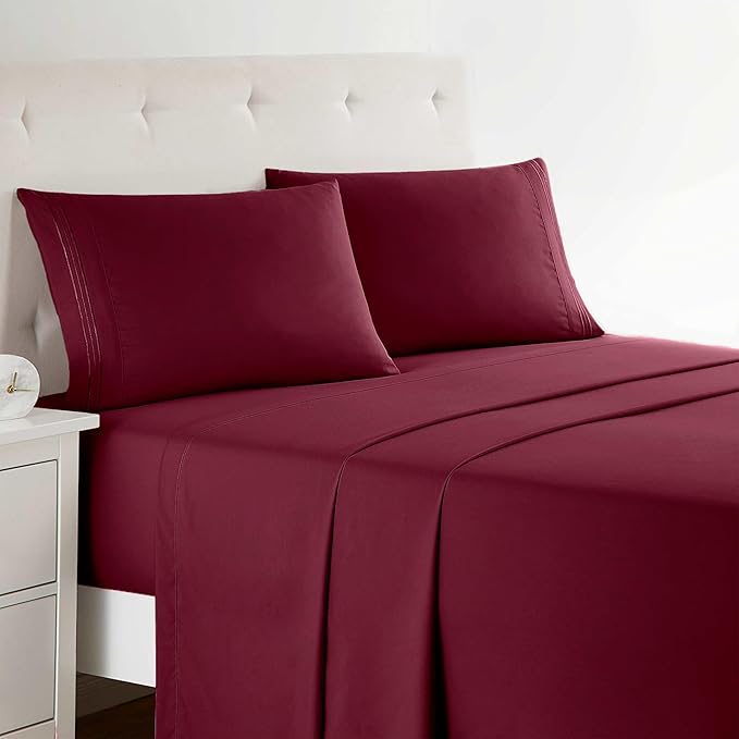 Clara Clark Bed Sheets, Premier 1800 Series 4 Piece Bed Sheet Set, Deep Pocket, Wrinkle, Fade, Stain Resistant, Luxury Soft Bedding Sheets & Pillowcases, Twin-XL, Burgundy Red