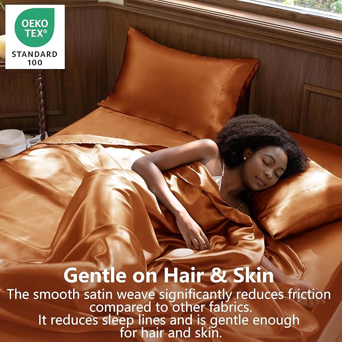 CozyLux Satin Sheets Queen Size Bed Set - 4 Piece Silky Queen Sheet Set, Luxury Terracotta Queen Sheets with Smooth and Soft Microfiber, Includes 1 Fitted Sheet, 1 Flat Sheet and 2 Pillowcases