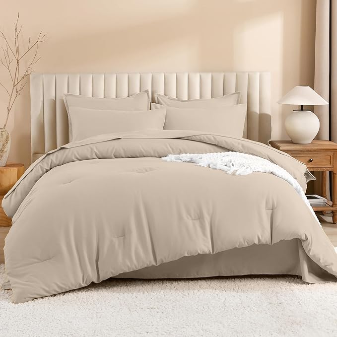 Litanika Comforter Full Size Set Khaki - 7 Pieces Bed in a Bag Full Bedding Comforter Sets, Plain Lightweight Bed Set with Comforter, Sheets, Pillowcases & Shams