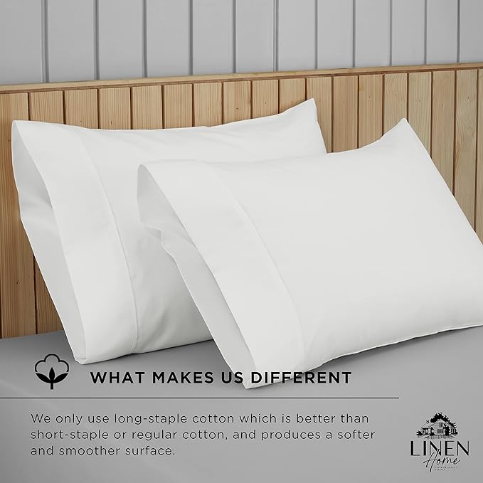 Linen Home 500 Thread Count King Pillowcase Set | 100% Long-Staple Cotton Pillow Cases | Soft & Smooth Luxury Satin Set of 2 Pillowcases | 4 Inch Z Hem | White