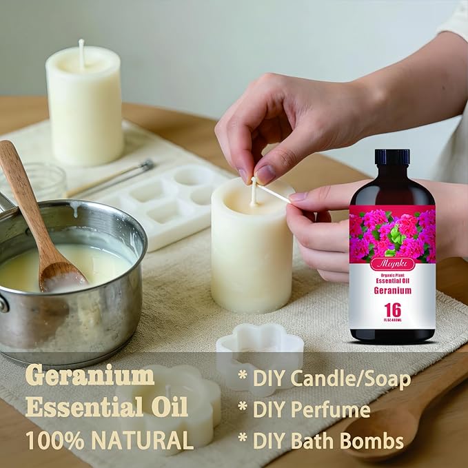 Geranium Essential Oil – MLYNKL Geranium Oils 16.33 fl oz for Diffusers, Humidifiers, Massage, DIY Candles, Soap, Cleaning, Home, Yoga, Office, Gifts - 490 ml