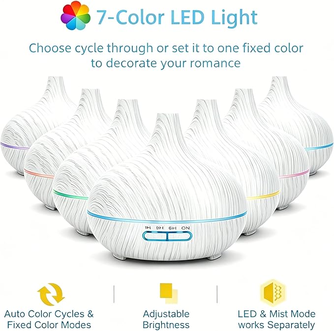 550ml Essential Oil Diffusers with Remote Control, Ultrasonic Oil Diffuser with Timer，7 Color LED Night Light and Waterless Auto-Off Functions for Home, Spa White Wood Grain