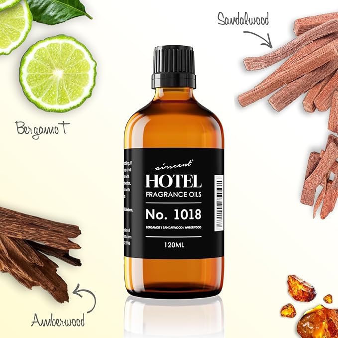 AirScent Hotel Diffuser Oil No. 1018 - Bergamot, Sandalwood Amberwood - Hotel Scent Dupe - Premium Fragrance Oil for Ultrasonic and Waterless Diffusers and Crafting - 120 ml, 4 fl oz Glass Bottle