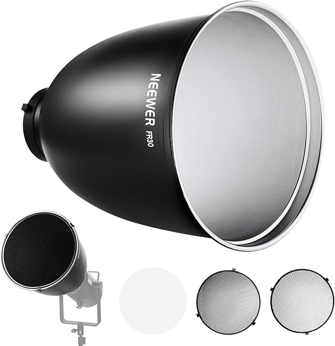 NEEWER 11.6"/29.5cm Deep Focus Reflector Bowens Mount with 15°/30° Honeycomb Grids & Soft Cloth, 45° Diffuser Lamp Shade Compatible with Godox NEEWER Studio Strobe Flash Light Speedlite, FR30
