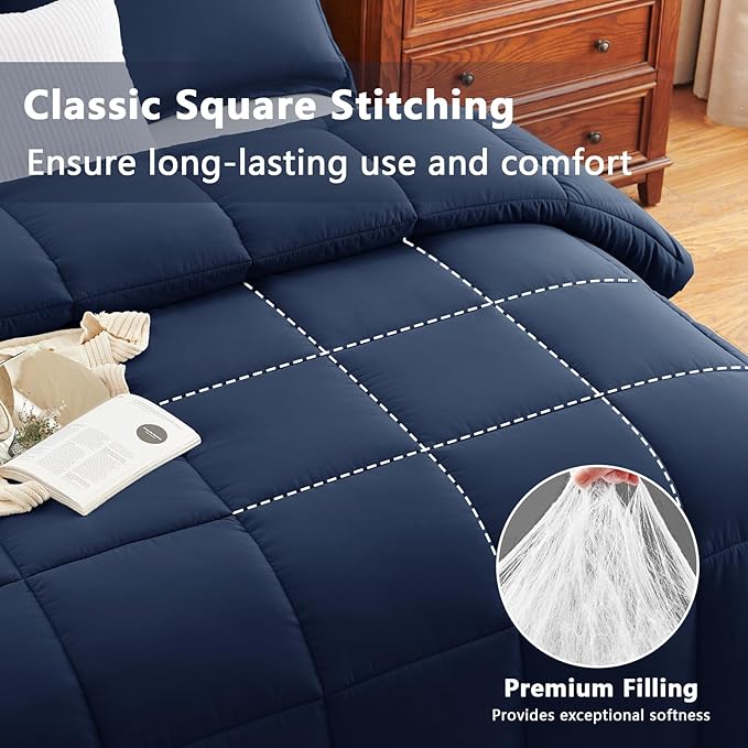 CozyLux Queen Size Comforter Set - Navy Blue Comforter Queen Size, 3 Pieces Box Stitched Bed Set for All Seasons, Soft Lightweight Bedding Sets with 1 Down Alternative Comforter and 2 Pillow Shams