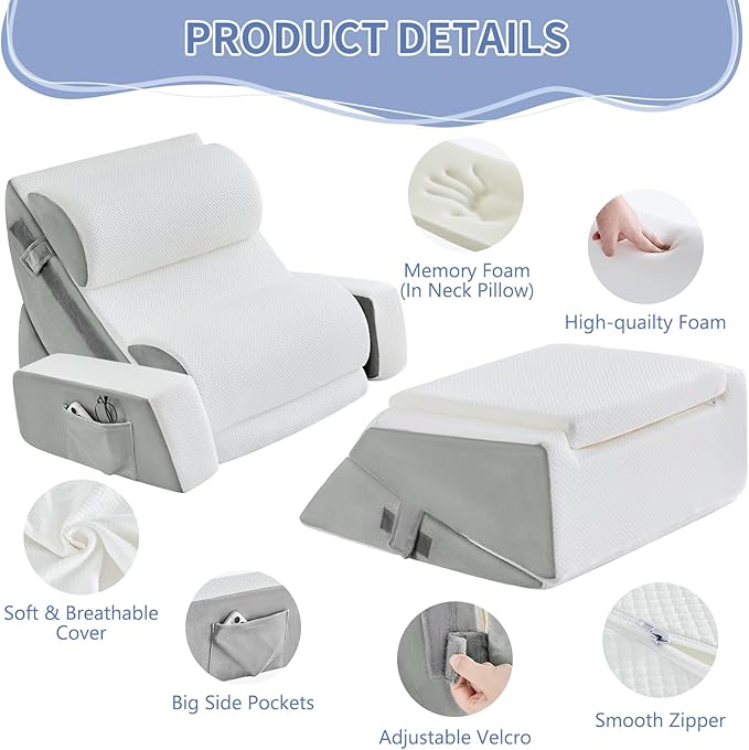 Yojoker Orthopedic Bed Wedge Pillow Set for Sleeping, Post Surgery Foam for Body, Back and Leg Pain Relief Comfortable & Adjustable Support Pillows-Anti Snoring, Heartburn (Gray, 9 Piece Set)