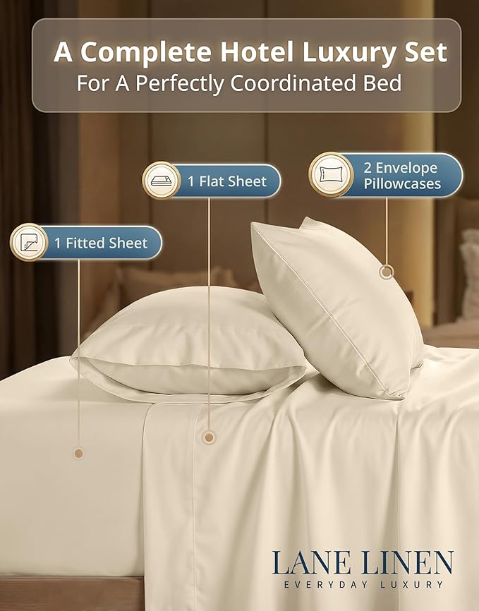 LANE LINEN Cal King Bed Sheets - 600 Thread Count Sateen Weave - Extra Thick & Comfy Cotton Sheets for Hotel Quality Softness - Securely Fits Mattress Upto 15'' Deep - Oeko Tex Certified - Ivory