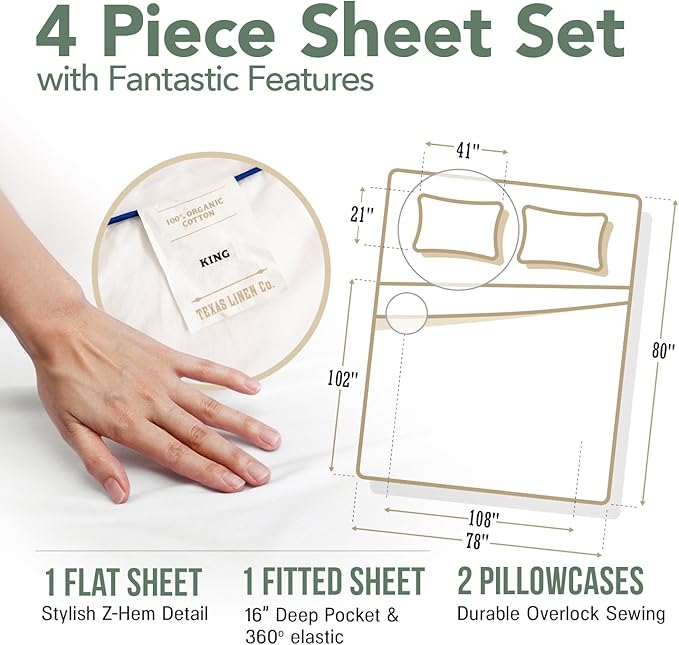 TEXAS LINEN CO. 100% Organic Cotton Sheets King Size - 4 PC Organic Cotton Percale Sheets King Set (Light Grey), Soft, Cooling & Breathable Bedsheets, 16" Deep Pocket Hotel Bedding - GOTS Certified
