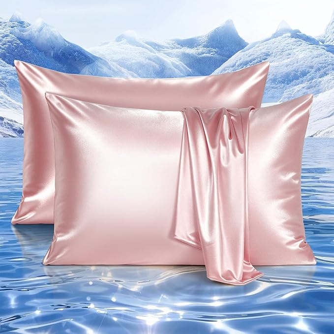 Elegear Cooling Pillow Cases Set of 2 for Hot Sleepers, Soft Silky Satin Pillowcase for Hair & Skin, Upgraded Arc-Chill Cooling Satin Pillowcase Q-max>0.5, Luxury Zipper Pillowcase Cover-Standard,Pink