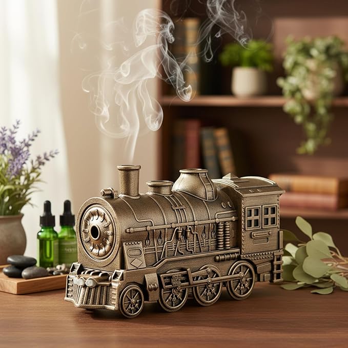 300ML Train Diffusers for Essential Oils Steam Train Humidifier & Aroma Diffuser with Night Light, Dual Mist & Timing Function Desktop Humidifier Air Diffuser for Bedroom (Gold)