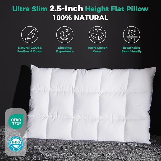 Three Geese Ultra Thin Flat Goose Down Feather Pillows for Sleeping Queen Size, 2.5" Height, 100% Cotton Cover, Ultra Slim Hotel Collection Bed Pillow for Stomach, Back Sleeper, 18x30 in.